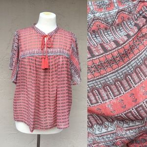 NWT Lucky Brand Sheer Blouse Boho Coral Aztec